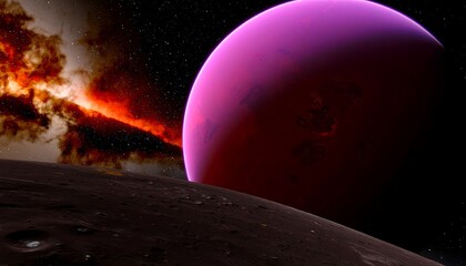 Exoplanet landscape with nebula and pink planet viewed from lunar surface