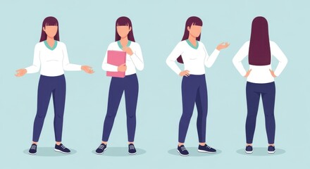 Fototapeta premium A woman is shown from multiple angles, front, side, and back, holding a book and gesturing