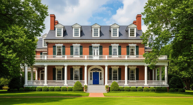 Grand Southern Mansion with Lush Green Lawn and Trees. - Powered by Adobe