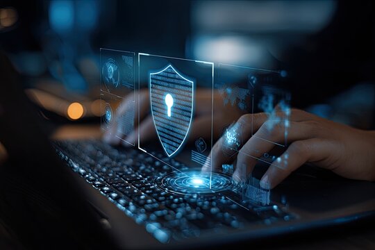 Hands typing on laptop, security interface overlay