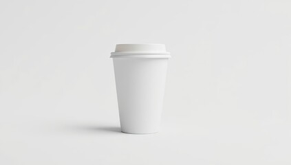 Blank white disposable coffee cup stands on a plain white surface, showcasing a simple and neutral design.