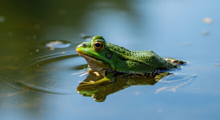Fototapeta premium Green Frog Swimming in Calm Water with Reflection.