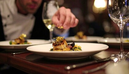 Expert chef delicately plating a gourmet dish with meticulous attention to detail