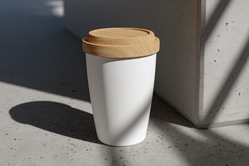 White coffee tumbler with light wooden lid