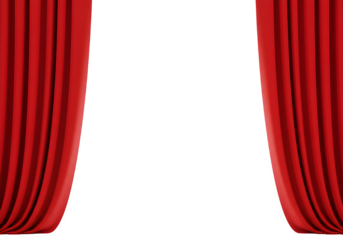 Red stage curtains parted in two sides. Classic theater drapes for performance, cinema, or interior design. Isolated on white or transparent background. PNG format.