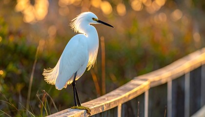 Snowy egret perched on a boardwalk at sunset