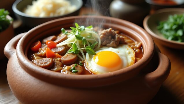 A hearty, flavorful stew simmering in a rustic terracotta pot, featuring tender meats, savory vegetables, and a fried egg.