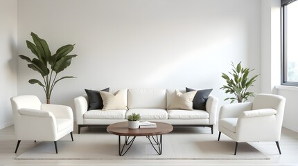 Fototapeta premium Elegant white living room interior design offers a serene and modern aesthetic for relaxing at home