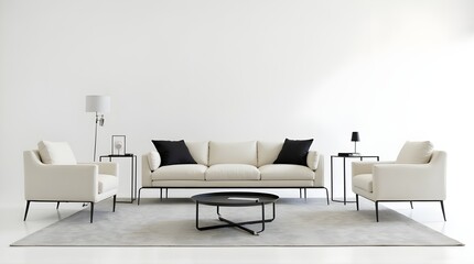 Modern minimalist living room interior with white sofa and armchairs for elegant home decor inspiration