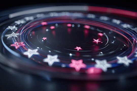 Abstract swirling concentric circles, patriotic color scheme of red, white, and blue, with stars