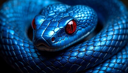 Fototapeta premium Striking Blue Viper Intense Focus with Coiled and Ready, Vivid Colors, and Closeup.