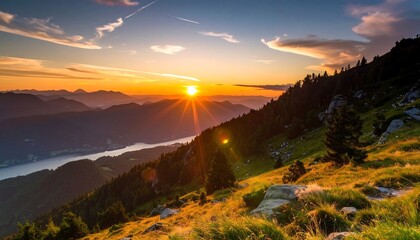 Fototapeta premium Mountain sunset vista over a valley