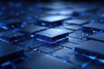 Abstract close-up of  glowing, dark-blue,  tech cubes