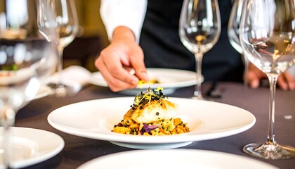 Exquisite fine dining experience: Chef plating a gourmet fish dish with elegance