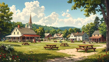 Quaint village scene on a sunny day