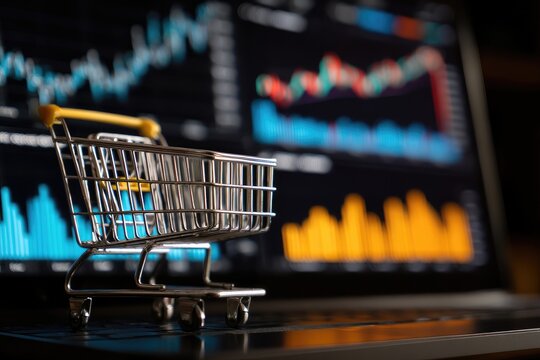 Miniature shopping cart in front of laptop screen displaying financial graphs