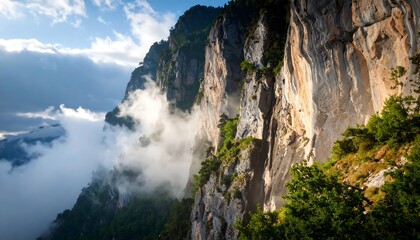 Majestic mountain cliffs shrouded in mist under a vibrant blue sky with clouds
