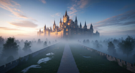 Fototapeta premium Majestic Fantasy Castle Emerging from Morning Mist.