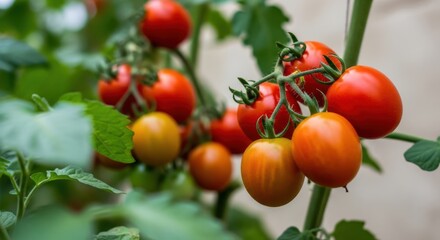 Ripe cherry tomatoes growing on the vine in a garden with green leaves