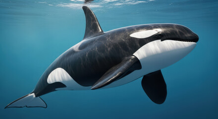 Majestic Orca Killer Whale Swimming Underwater Ocean.