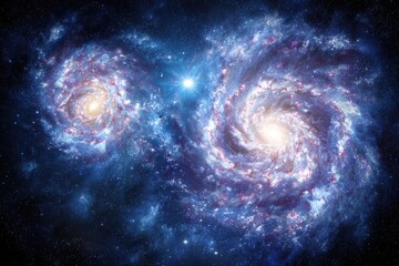 Obraz premium Two spiral galaxies intertwining in deep space. Vast cosmic swirls of light blue, pink, and white nebulae
