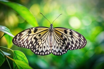Obraz premium A Detailed Close-up of a Striking Black and White Butterfly Perched on Lush Green Foliage