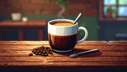 Pixel art coffee cup with beans on wooden table, stylized design