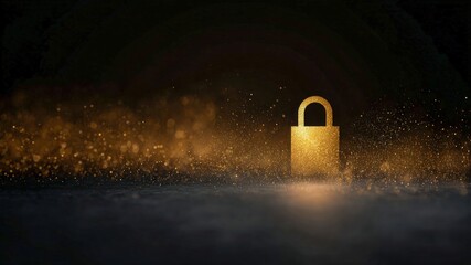 Endpoint security in cloud glows with golden lock, abstract cyber scene conveys calm protection and trust with soft sparkle and depth