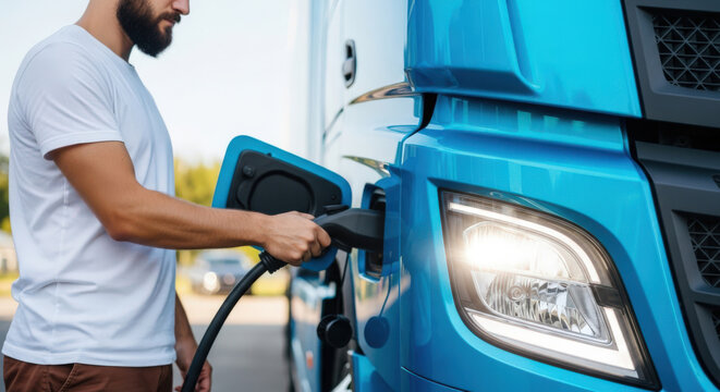 Man charging electric truck at charging station.
