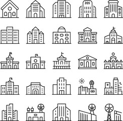 Fototapeta premium Minimal Building Icon Set – Black & White Line Vector of Urban, Religious, and Civic Structures