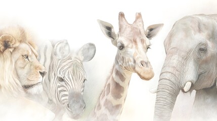 A watercolor illustration of safari animals in gentle pastel tones.