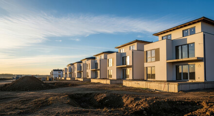 Obraz premium Modern Residential Houses Under Construction at Sunset.