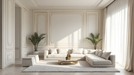 Elegant neutral living room exudes serene ambiance with modern furniture and blank art canvas ready for your design