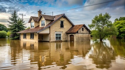 Fototapeta premium A Residential Structure Submerged in Floodwaters, Reflecting a Cloudy Sky and Lush Foliage