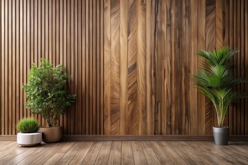 Obraz premium Serene Interior Design Featuring Lush Greenery Against a Rich Wooden Wall
