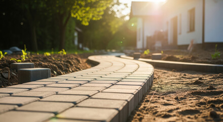 Obraz premium New Paved Garden Pathway Under Construction with Sunlight.