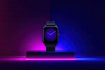 Modern smart watch on a podium, vibrant neon lighting