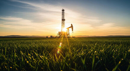 Oil Rig Silhouette at Sunset in a Green Field.