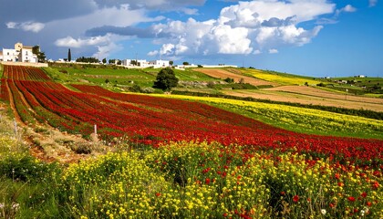 Colorful agricultural hills under a partly cloudy sky