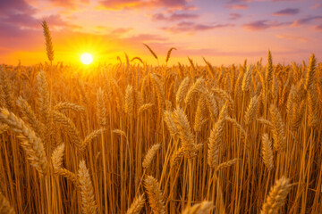  AI-generated image of a golden wheat field illuminated by the warm glow of the setting sun.