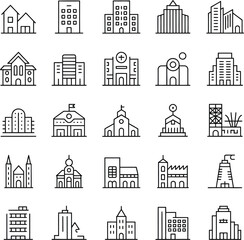 Fototapeta premium Urban Building Icon Set – Black & White Line Vector of Houses, Offices, Schools, and Landmarks
