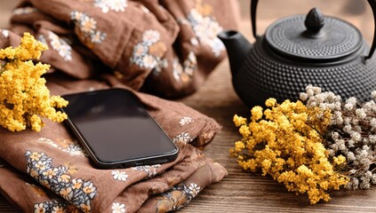 Dried flowers, a mobile phone, and a teapot on a wooden surface.