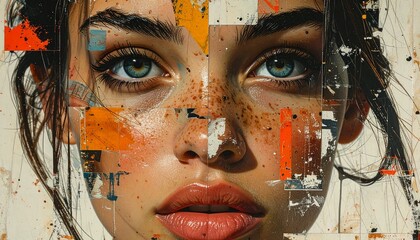 Portrait collage painting closeup facial shot with eye contact print design art poster. Detailed high quality image. 