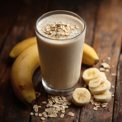 Close-Up of Banana, Oats, and Plant-Based Milk Smoothie on Rustic Wooden Table with Fresh Ingredients in Natural Light