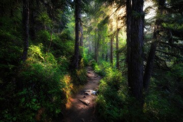 Fototapeta premium Sunlight streams through a lush forest path