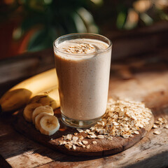 Close-Up of Banana, Oats, and Plant-Based Milk Smoothie on Rustic Wooden Table with Fresh Ingredients in Natural Light