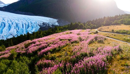 Glacier & Pink Flowers Panorama