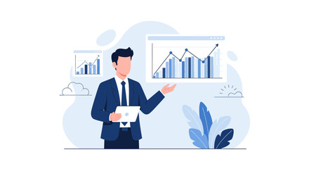 Analyst Presenting Business Finances and Strategic Achievements with Statistical Visual Aids