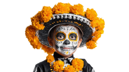 Boy wearing skeleton costume and hat with marigolds,Transparent background, PNG file