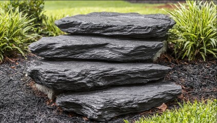 Dark gray layered rocks form a decorative stepping stone feature.